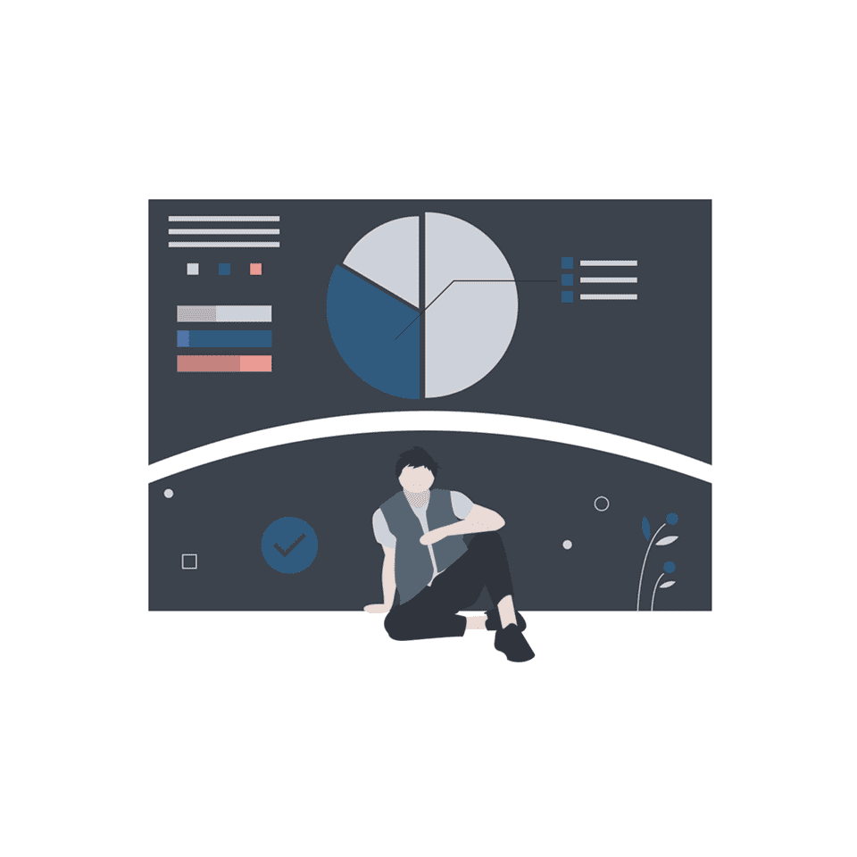 En animert mann som sitter foran en skjerm med analyser og data, hosting og drift av nettsider, apper, kassesystem og digitale løsninger